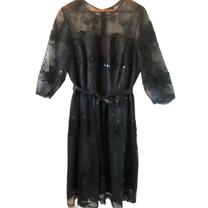 Black Lace Special Occasion Dress with Sequins Size 16W Midi Elbow Sleeves